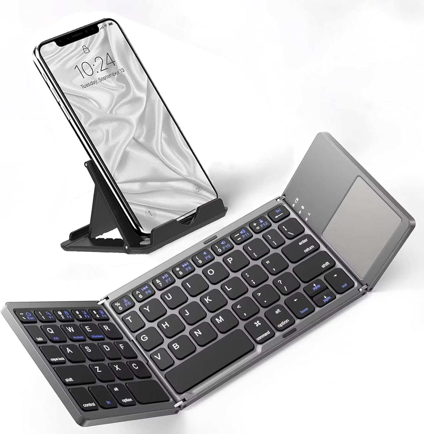 Slim Foldable Wireless Keyboard with Touchpad – Tri-Fold Portable Rechargeable Keyboard for iPhone & iOS Devices