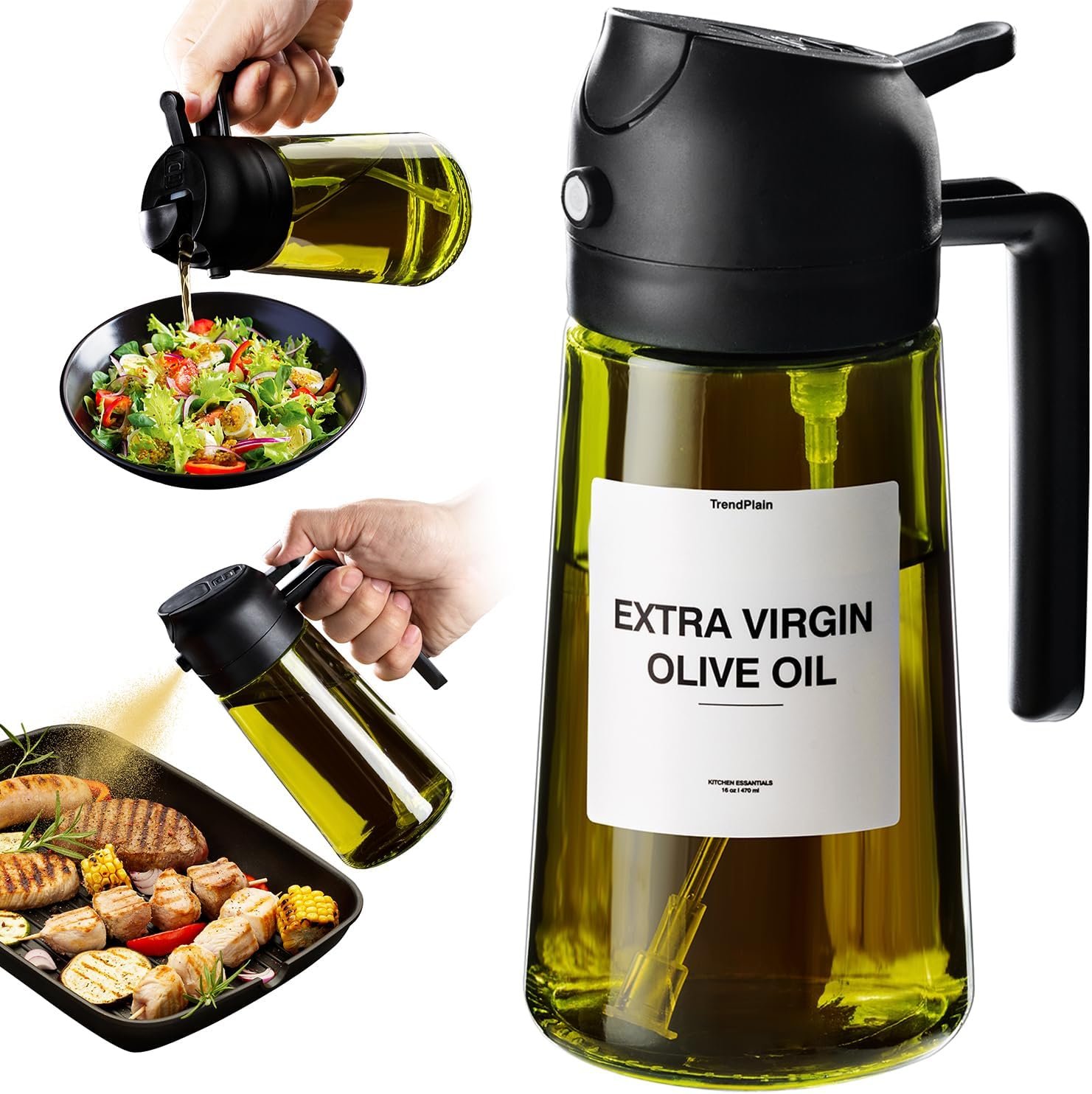 16oz Olive Oil Sprayer Bottle – 470ml Oil Dispenser for Cooking & Air Fryer, Refillable Kitchen Oil Spray with Labels, Black
