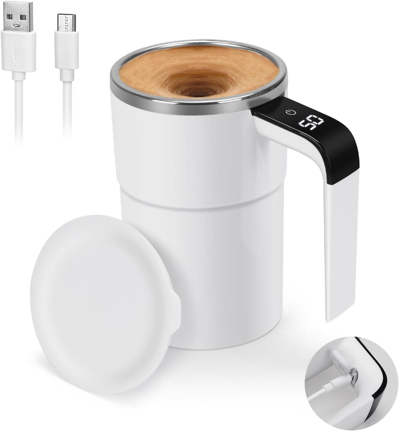 Self Stirring Mug – Rechargeable Automatic Magnetic Mixing Cup with LED Temperature Display, 12oz Coffee Mug with Lid