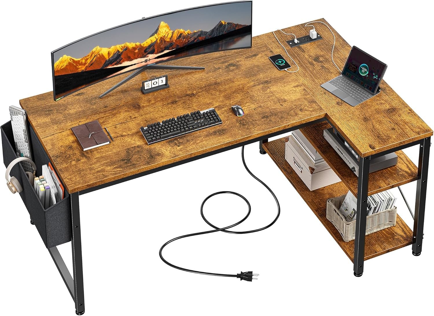 40 Inch L-Shaped Computer Desk with Power Outlets – Small Corner Gaming Desk with Storage Shelves & Side Bag for Home Office