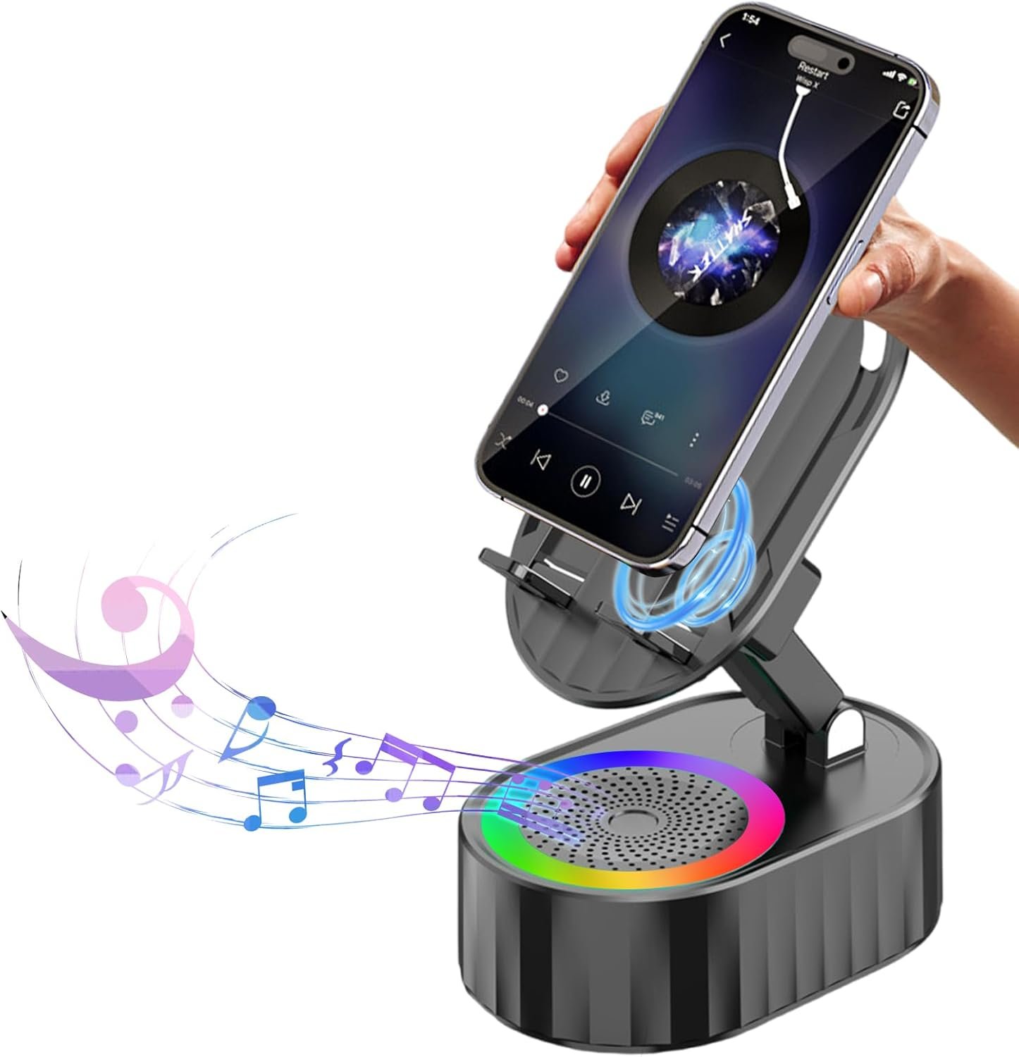 5-in-1 Wireless Bluetooth Speaker with Phone Holder – Induction Audio, 3000mAh Rechargeable Emergency Power, Foldable Stand with Ambient Light