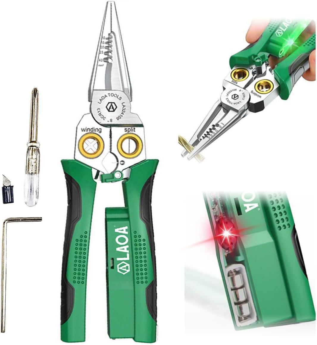 LAOA 8-in-1 Wire Stripper with Voltage Tester, Alarm & Flash, Wire Crimper and Cutter, 12V–250V AC/DC Detection, Electrician Tool for Home & Car Repair