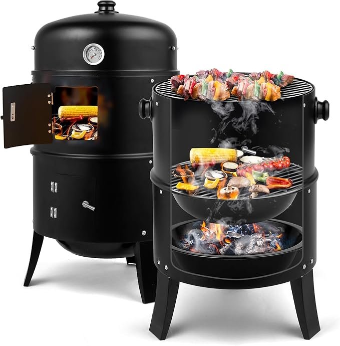Ahumador de Carbón Vertical 3 en 1, Parrilla BBQ de Acero con Termómetro Integrado, Parrilla Redonda Portátil para Jardín, Camping y Picnic