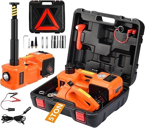 Gato Eléctrico para Coche 5 Toneladas 12V, Kit de Gato Hidráulico Portátil con Pistola de Impacto e Inflador de Neumáticos, Luz LED, Altura de Elevación 6–45 cm