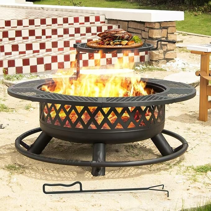 Fogata Exterior de 42 Pulgadas con Parrilla, Fogón Redondo Metálico 3 en 1 de Leña con Tapa y Atizador, Mesa Fogata para Patio y Jardín