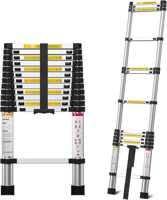 Escalera Telescópica de Aluminio 12,5 ft, Capacidad Máxima 330 lb, Escalera Extensible Ajustable para Uso Doméstico