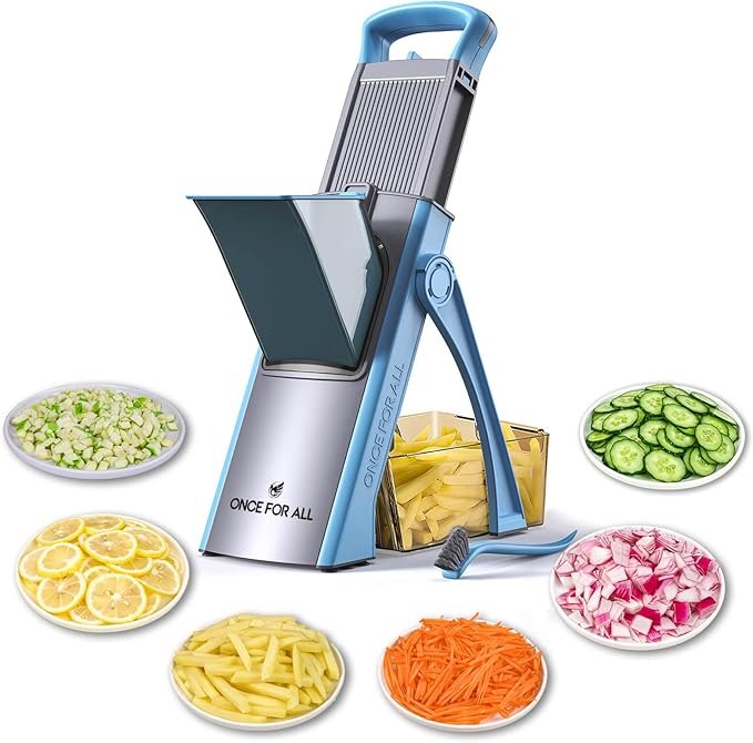 ONCE FOR ALL Mandolina de Cocina Mejorada y Segura, Tamaño Grande, Cortador de Verduras Ajustable con Cuchillas Desmontables, Cortador de Patatas y Verduras