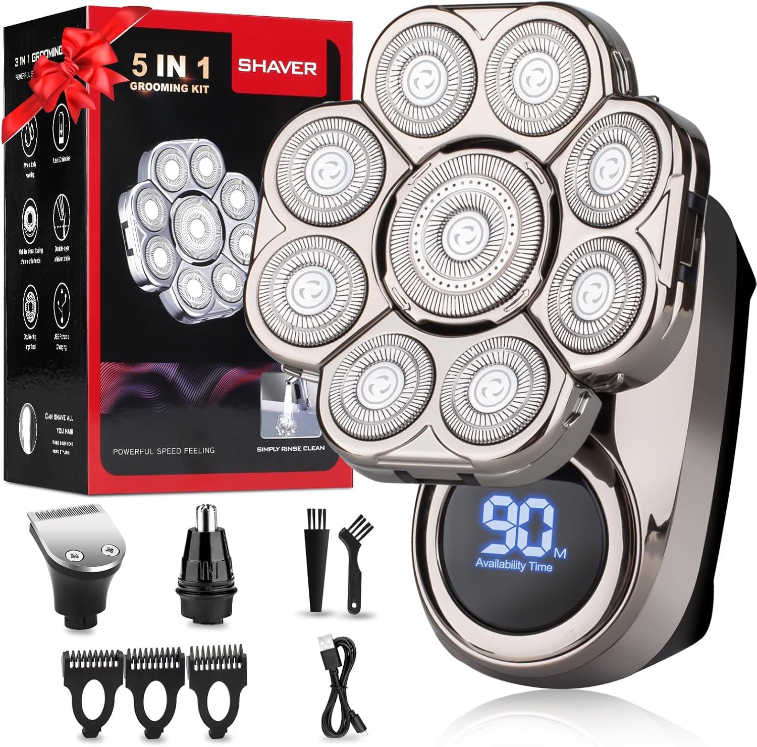9D Head Shavers for Bald Men, Electric Razor for Men to Shave Fast with LED Display, Cordless Rechargeable, IPX7 Waterproof Wet/Dry Rotary Shaver Kit with Nose Hair Trimmer Shaver