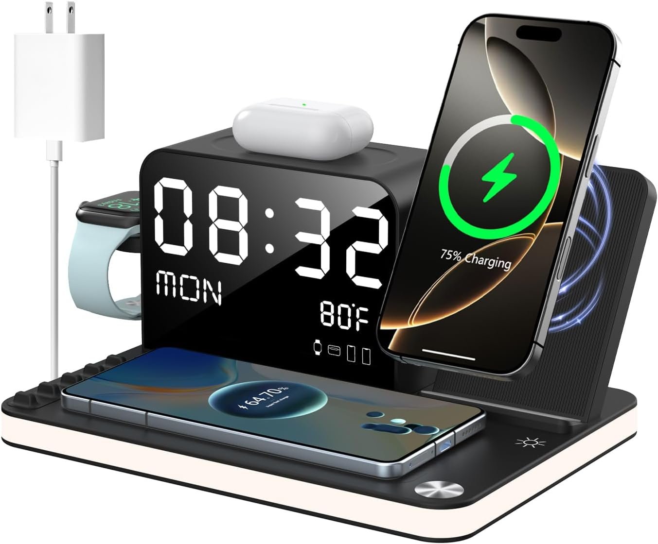 7 in 1 Wireless Charging Station for Dual iPhone Samsung Wireless Charger Stand with Clock Light TimeSync Temperature 33W Bedside Fast Charger for iPhone 16 15 14 13 12 Pro Max Airpods Apple Watch