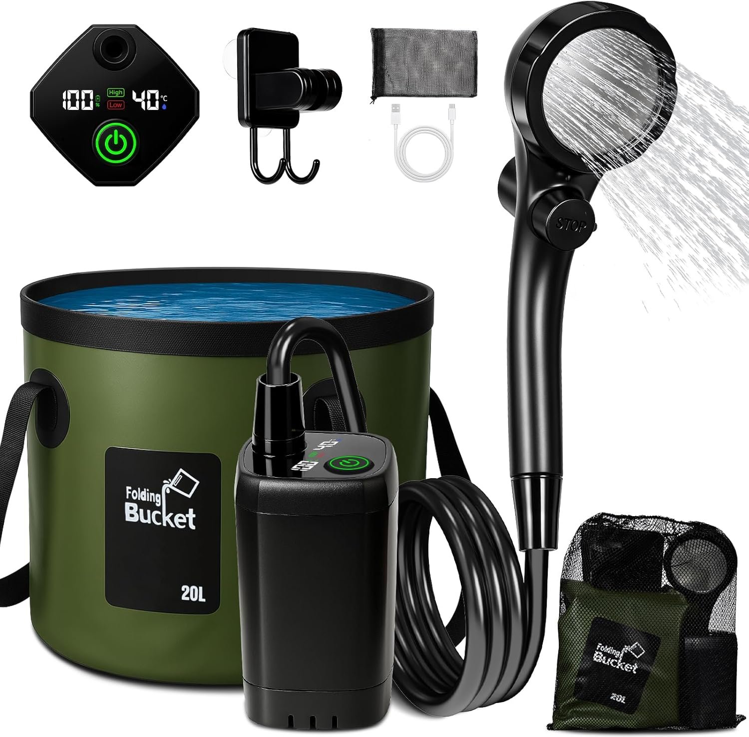 Portable Shower for Camping, 6000mAh Rechargeable Camp Shower Pump with Large Capacity Foldable Bucket, Filtered Shower Head, Outdoor Camp Shower Pump for Hiking, RV, Traveling, Car Washing, Pet Bath
