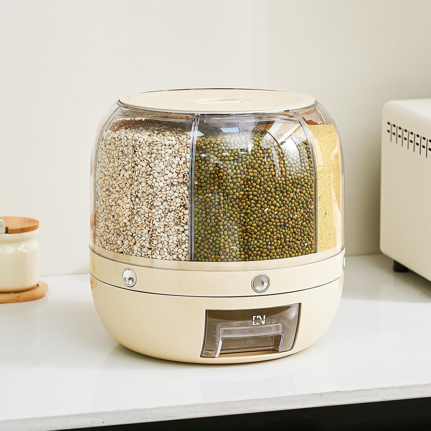 Rice Dispenser | 360° Rotating Grain Storage Container – 6 Compartments, Large 20-lb Capacity, Moisture-Proof Food Container, One-Click Dispensing for Rice, Sugar, Beans & Pet Food – Kitchen Pantry Organizer