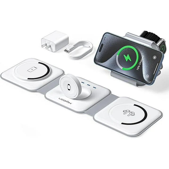 3-in-1 Wireless Charging Station for Apple – Foldable 18W Fast Charger for iPhone & Apple Watch, Travel Charging Stand