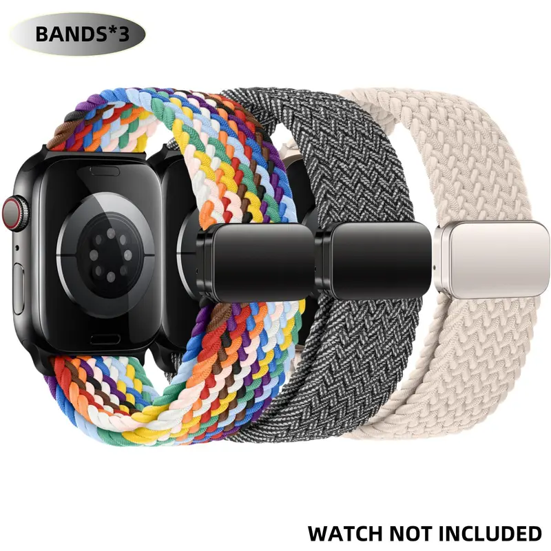 3 Pack Apple Watch Bands Magnetic Braided Solo Loop, Stretchy Nylon Elastic Sport Strap for iWatch SE/Ultra/Series 10/9/8/7/6/5/4, 41/42/44/45/46/49mm