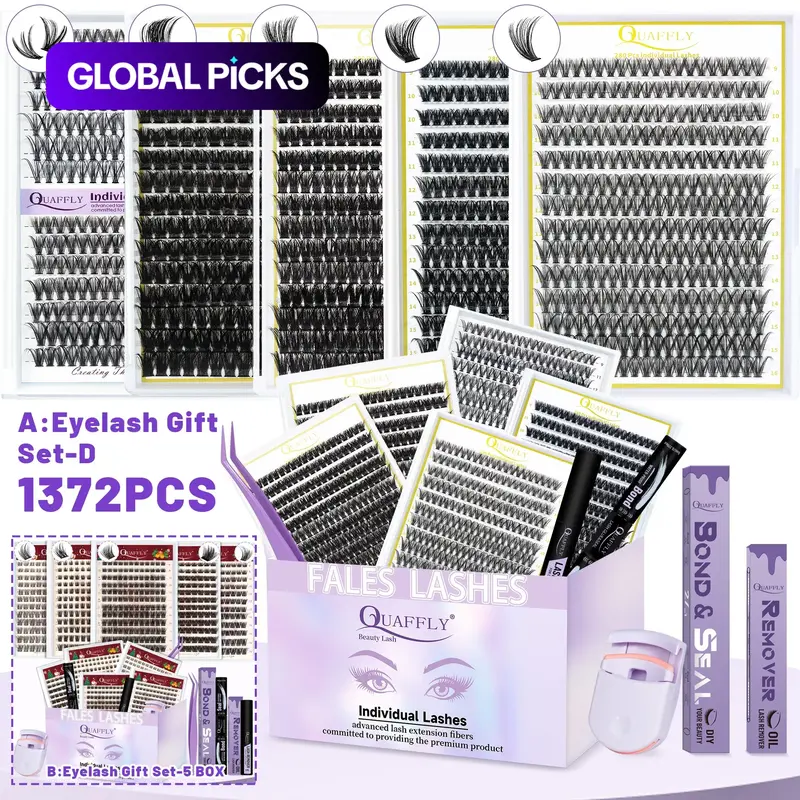 DIY Eyelash Extensions Kit, Natural Look Lash Clusters with Bond & Seal, Remover, Tweezers & Curler, Mixed-Length False Eyelashes Set