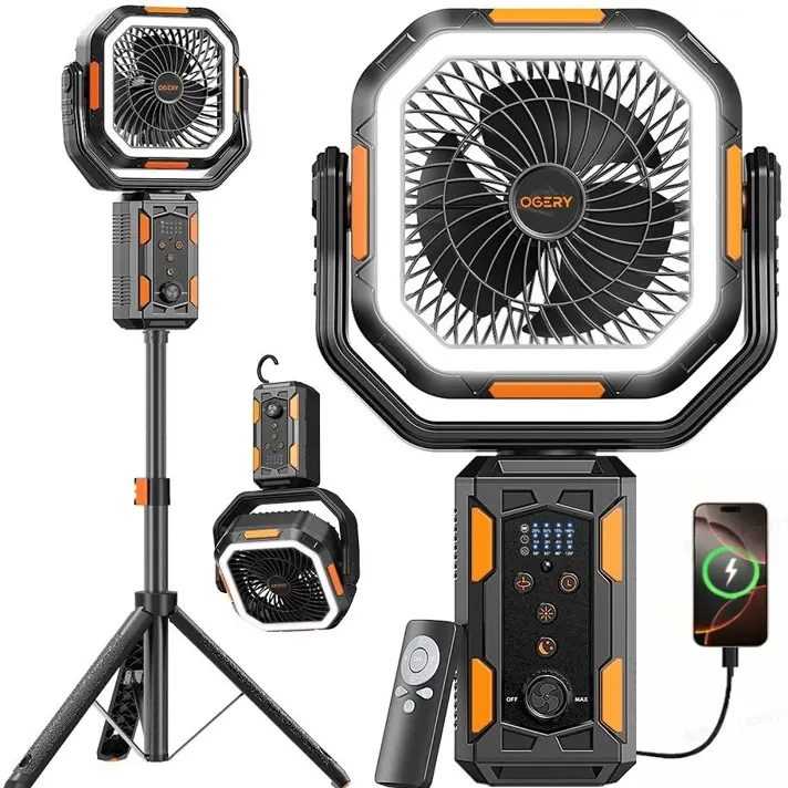 Rechargeable Camping Fan with Stand, 20000mAh Battery Powered Portable Fan with LED Lantern, Strong Airflow & Fast Charging for Tent, Travel & Power Outages