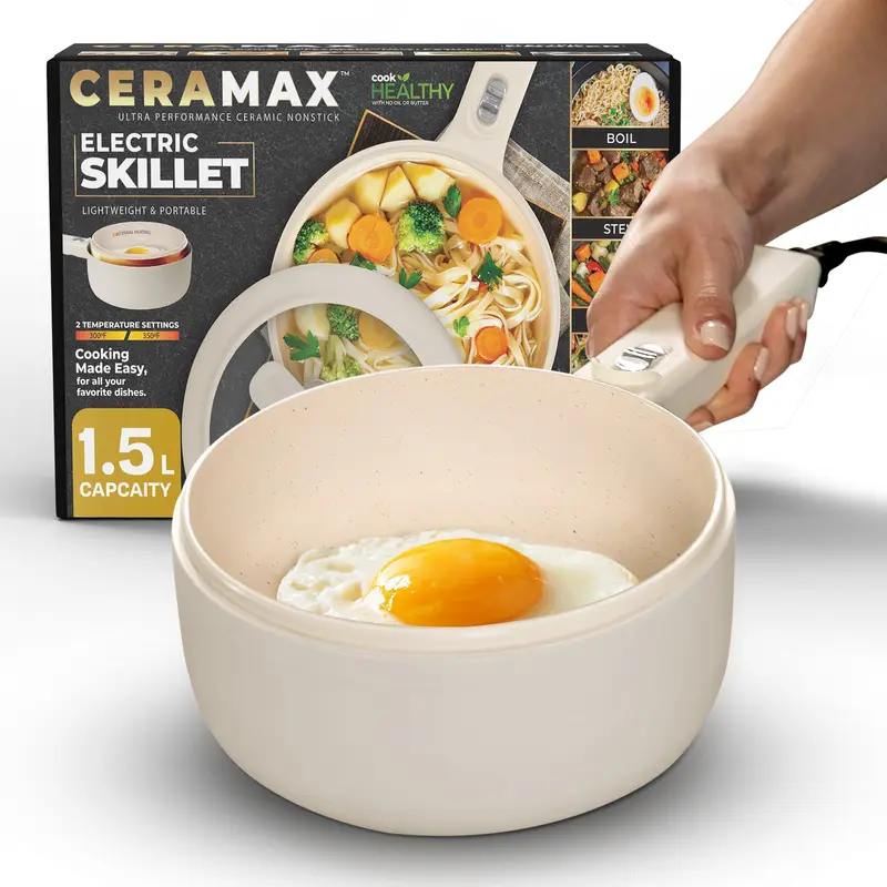 Electric Mini Cooker with Nonstick Ceramic Pan, Multifunction Hot Pot with Lid & Steamer for Cooking, Boiling & Steaming
