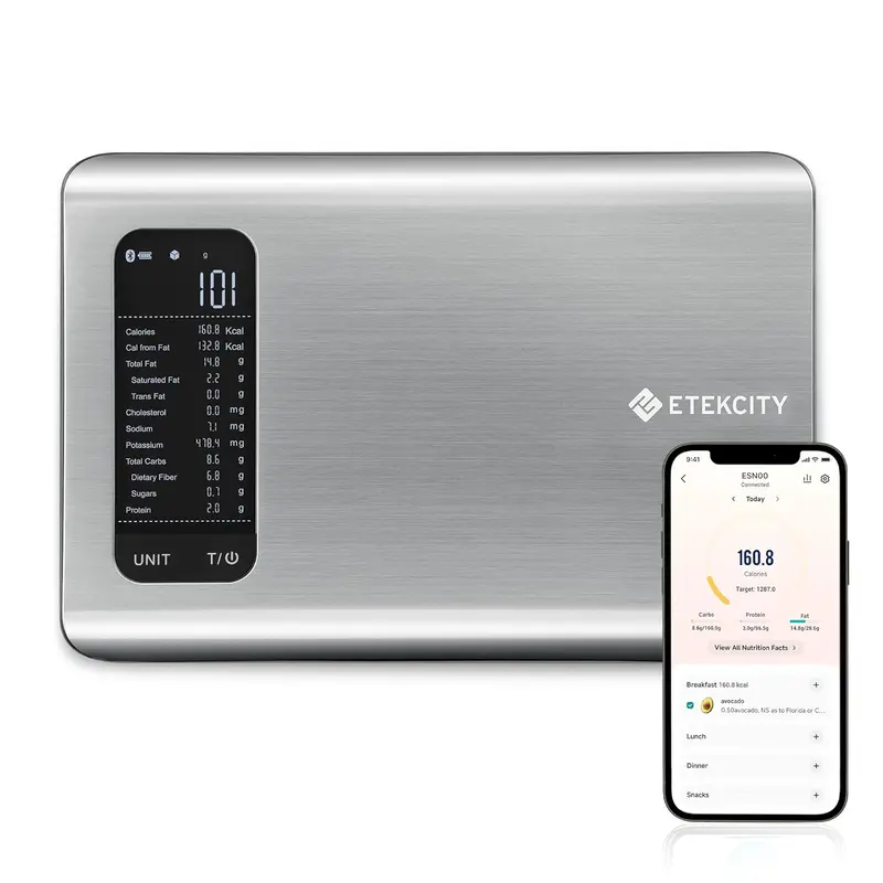 Smart Food Scale with AI Nutrition Tracking, Digital Kitchen Scale with 19 Nutrient Data, Calorie Counter for Meal Prep & Fitness, Stainless Steel Design