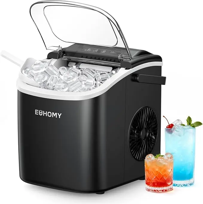 Countertop Ice Maker with Handle, 26 lbs/24Hrs, 9 Ice Cubes in 6 Mins, Portable Ice Machine with Auto-Cleaning, Basket & Scoop for Home, Kitchen, Camping & RV (Silver)