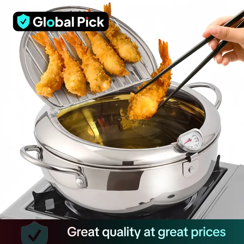 Stainless Steel Deep Frying Pan with Lid, Deep Fryer Pot with Oil Drip Rack for Fried Chicken & More