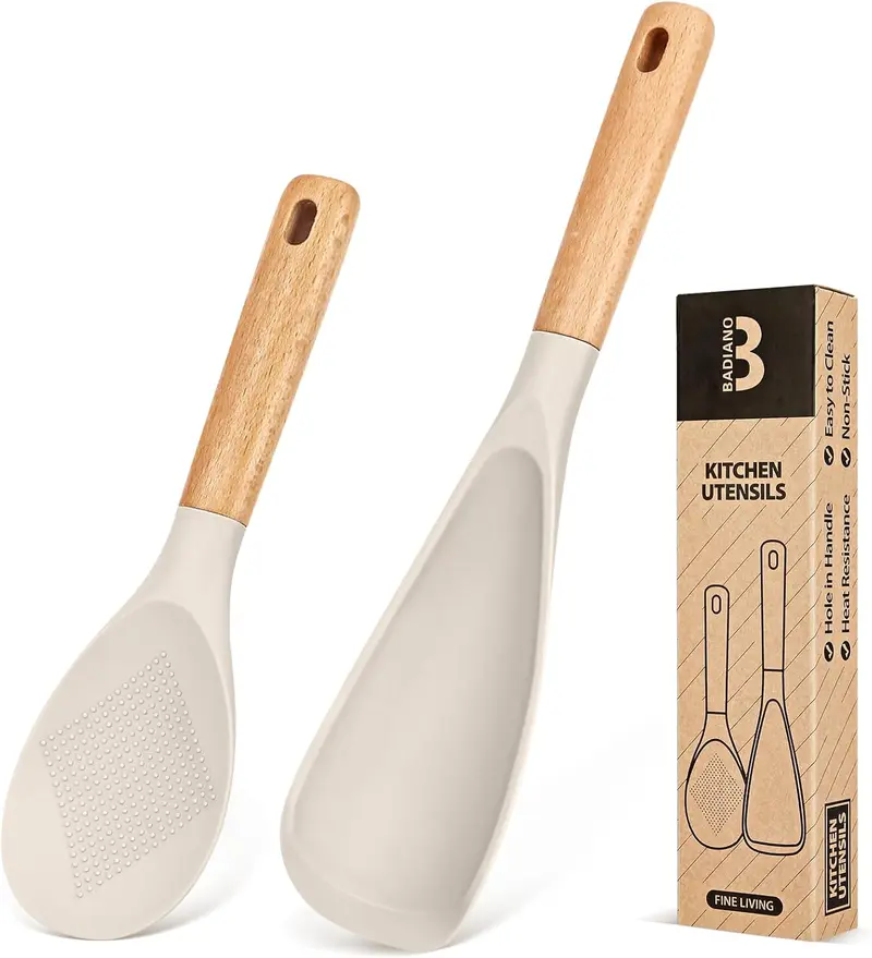 Silicone Cooking Spoon with Wood Handle, Nonstick Rice Scooper & Serving Spoon, BPA-Free