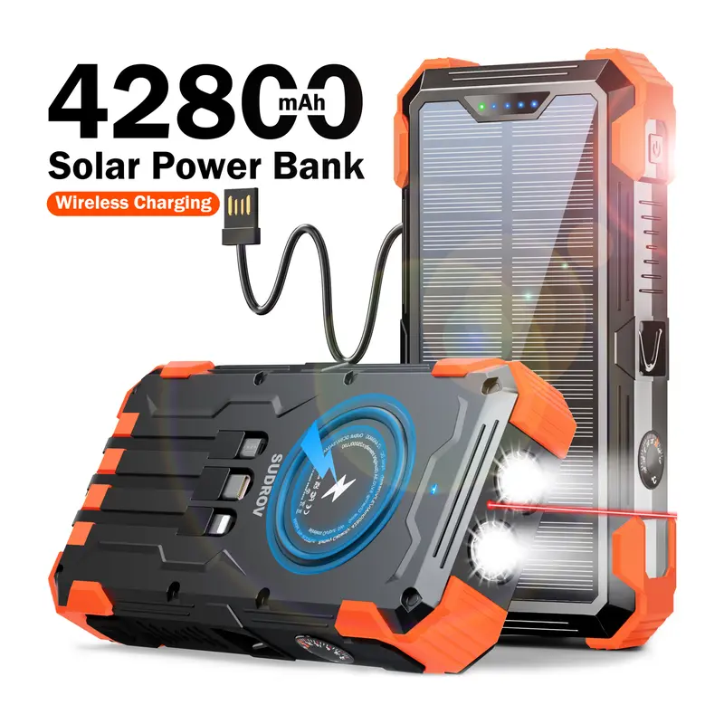 Sudrov Solar Power Bank 42800mAh, Wireless Portable Charger with 4 Built-in Cables, 7 Outputs, 15W Fast Charge, Dual Flashlights, Carabiner and Thermometer