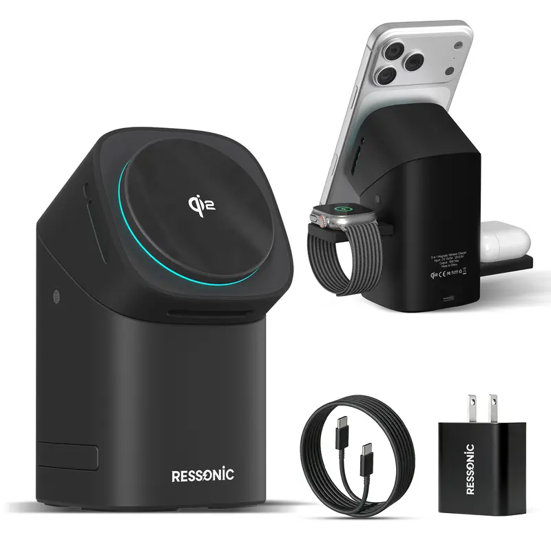 3-in-1 Qi2 Wireless Charger 15W, Magnetic Charging Station with 30W Adapter for iPhone 17–12, AirPods & Apple Watch, Compatible with Samsung Devices