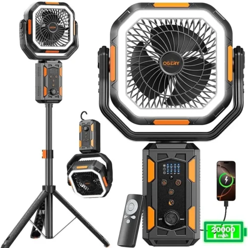 Rechargeable Camping Fan with Stand, 20000mAh Battery Powered Portable Fan with LED Lantern, Strong Airflow & Fast Charging for Tent, Travel & Power Outages