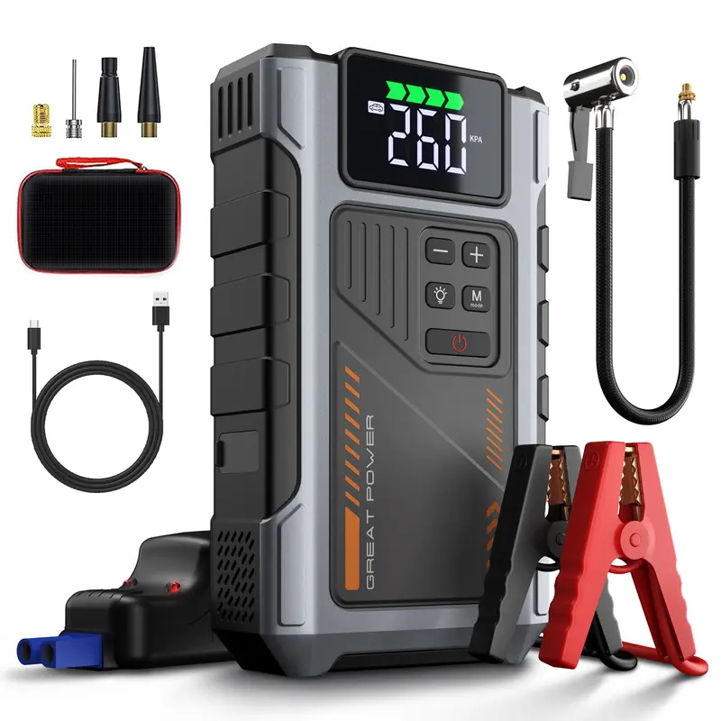 Portable Car Jump Starter with Air Compressor, 5000A Peak, 15000mAh Battery Pack, 150 PSI Tire Inflator, 12V for Up to 8.0L Gas & 6.5L Diesel Engines with LED Light (W100)