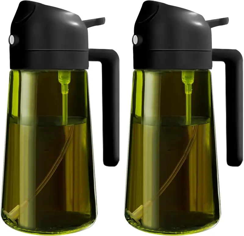 2-in-1 Olive Oil Sprayer Bottle 2 Pack, 16oz/470ml Food-Grade Oil Mister and Dispenser, Dark Glass Bottle for Air Fryer, BBQ and Cooking